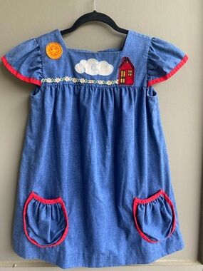 Hartsville PA whimsical vintage girl denim dress with colorful patches Size 12?